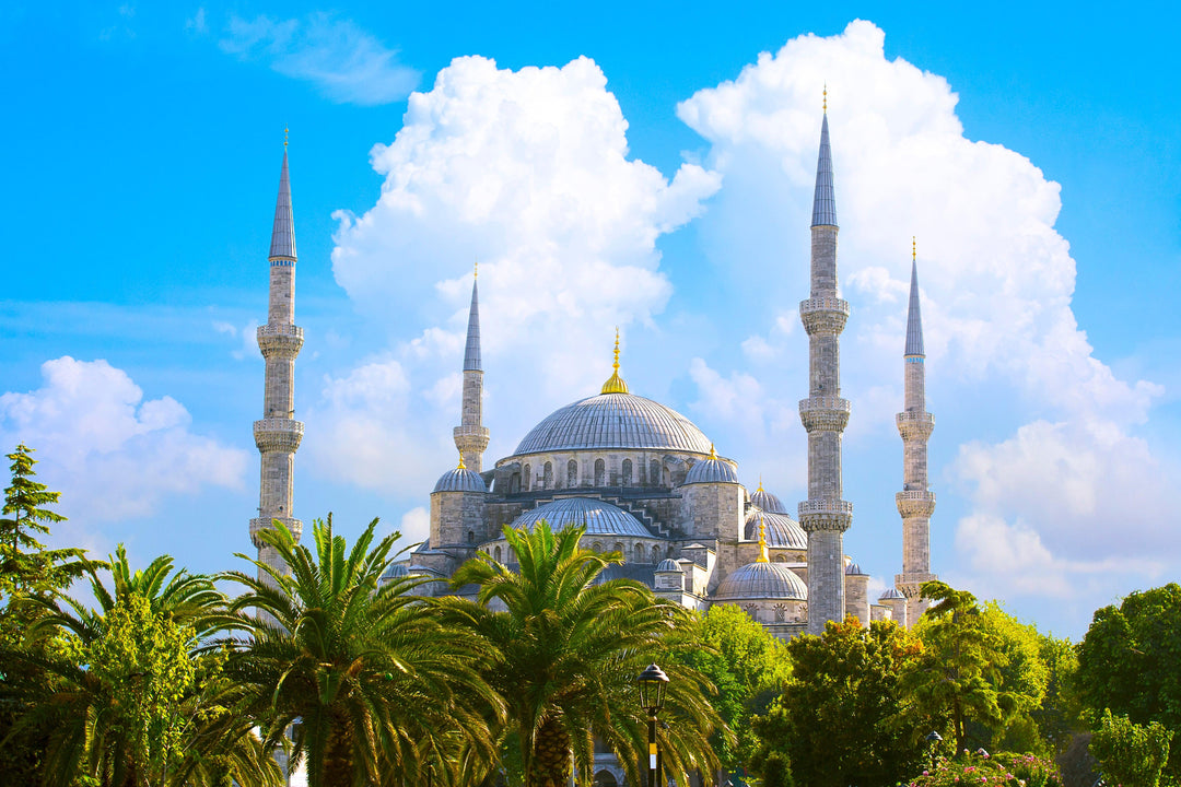 The Blue Mosque under the sky, famous for its ceramic tiles and six minarets