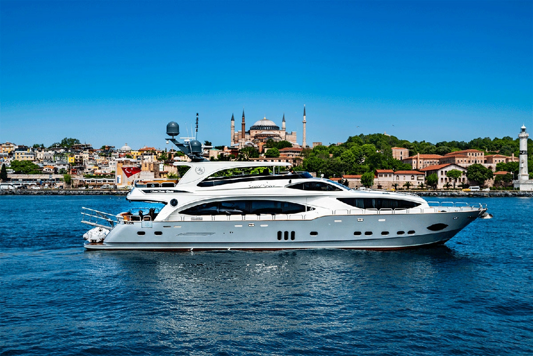 Customized luxury yacht cruise setting sail for a unique exploration of the Bosphorus's serene waters and historical sites."